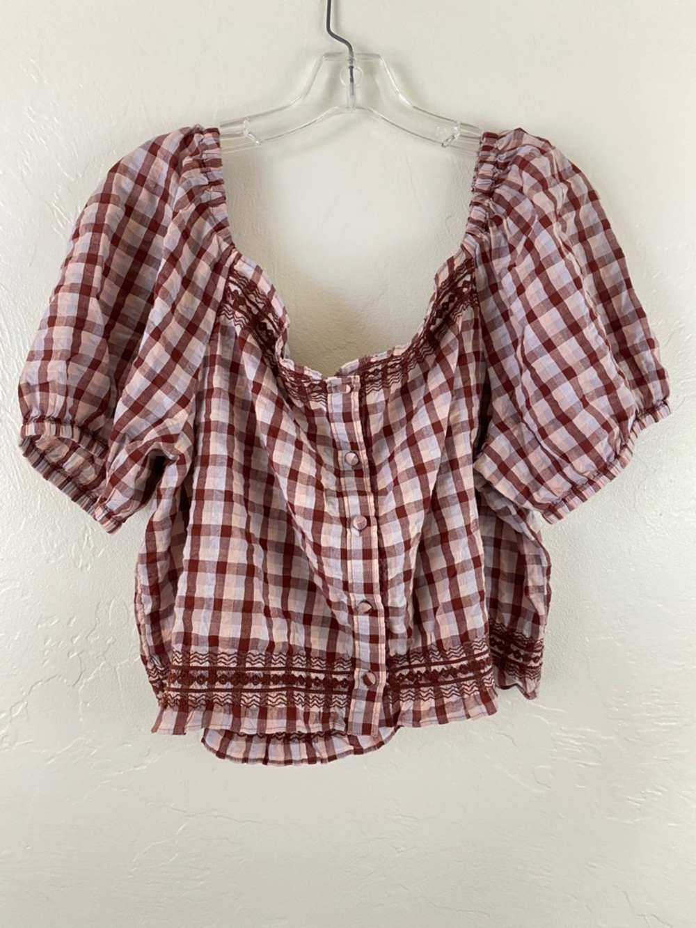 Madewell Size XL Purple Ivory Plaid Print Puffy Sleeve Button Down Blouse
